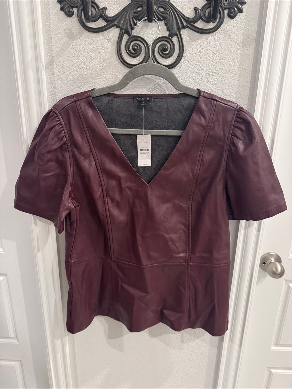 Ann Taylor Burgundy Faux Leather V-Neck Blouse